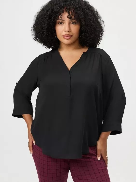 Torrid Black Harper V-Neck Roll-Tab 3/4 Sleeve Tunic Size 3